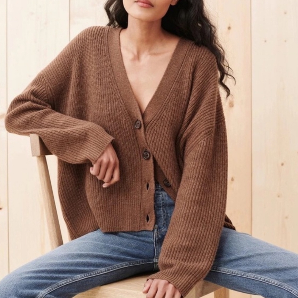 Jenni Kayne Cropped Cocoon Cardigan Sweater In Wool Cashmere Nutmeg Brown